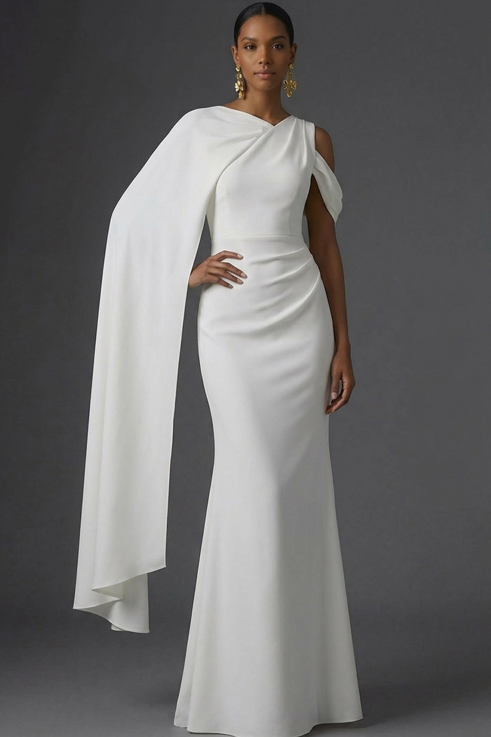 Dusty Sage Formal Dress Mermaid One Shoulder Chiffon Maxi Dress with Cape