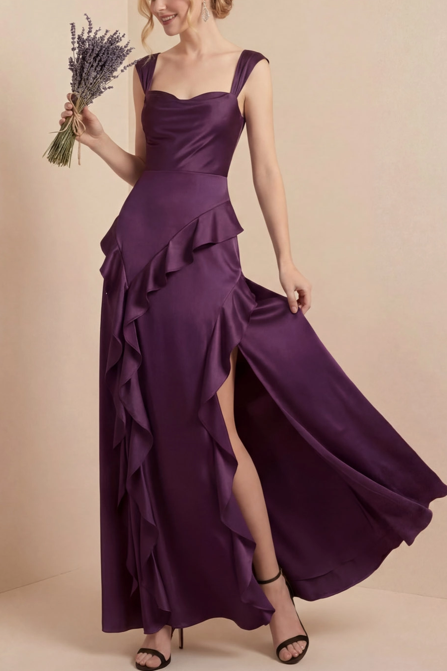 Purple Formal Evening Dress Sheath Straps Satin Maxi Dress with Slit