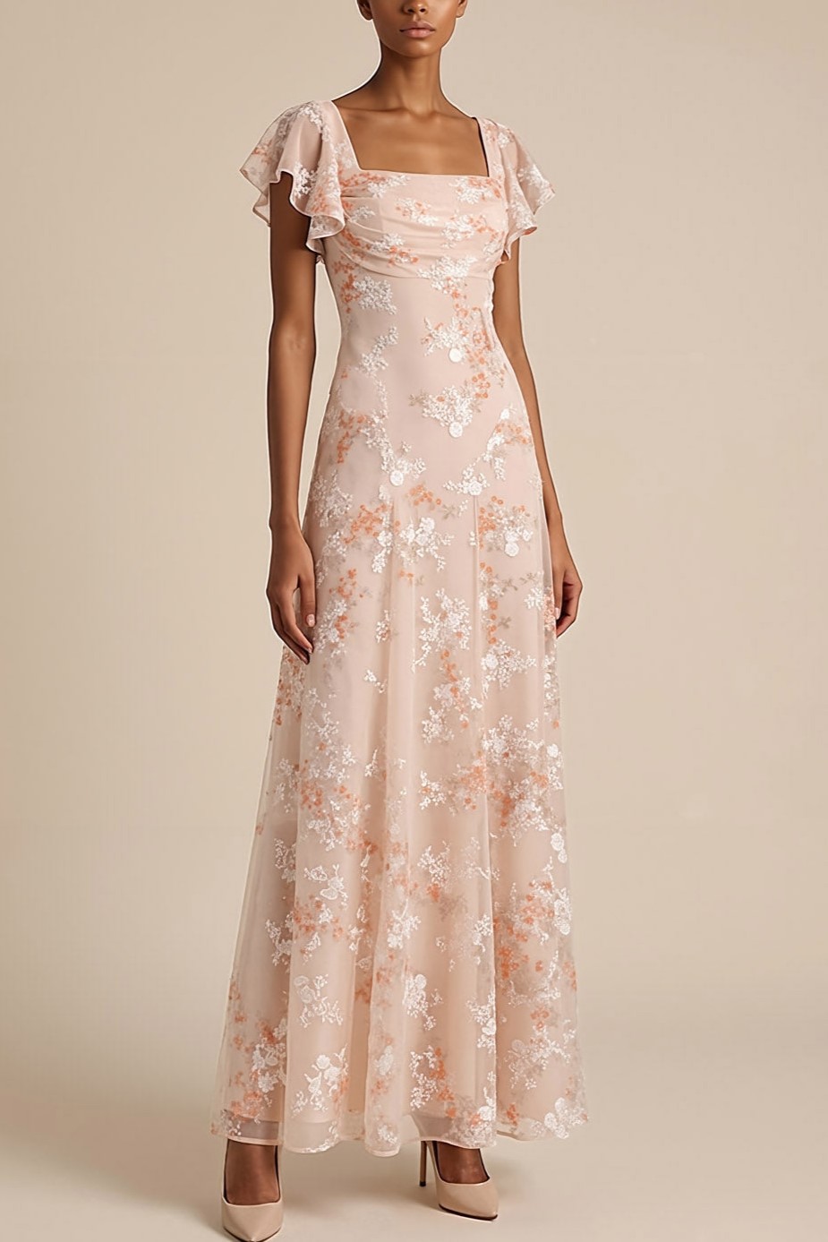 Champagne Pink Floral Draped A Line Flutter Sleeves Maxi Formal Dress