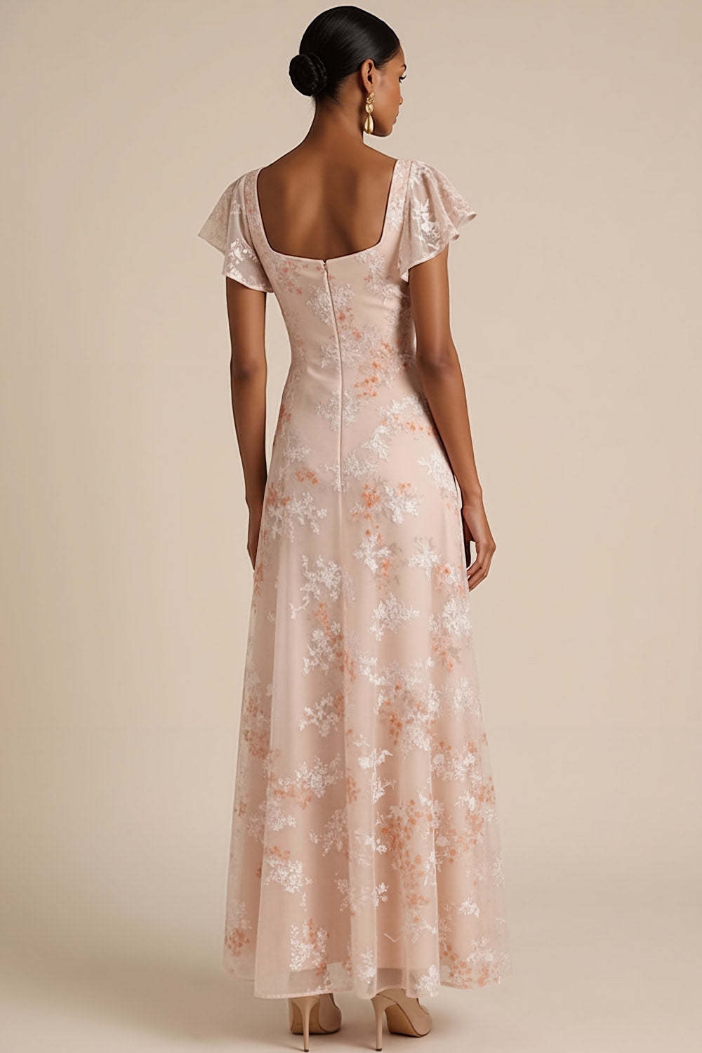 Champagne Pink Floral Draped A Line Flutter Sleeves Maxi Formal Dress