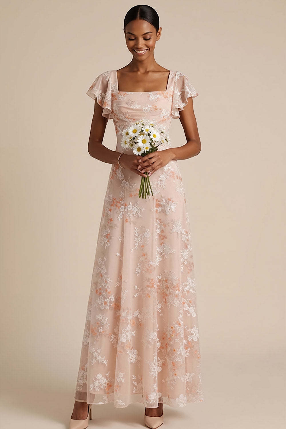 Champagne Pink Floral Draped A Line Flutter Sleeves Maxi Formal Dress