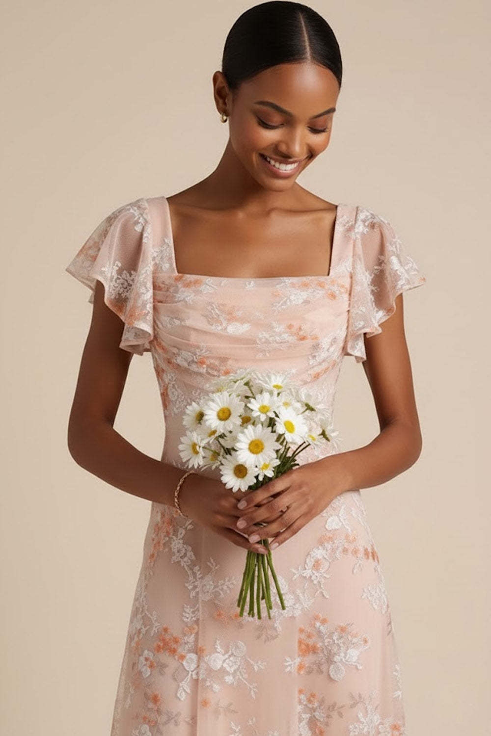 Champagne Pink Floral Draped A Line Flutter Sleeves Maxi Formal Dress