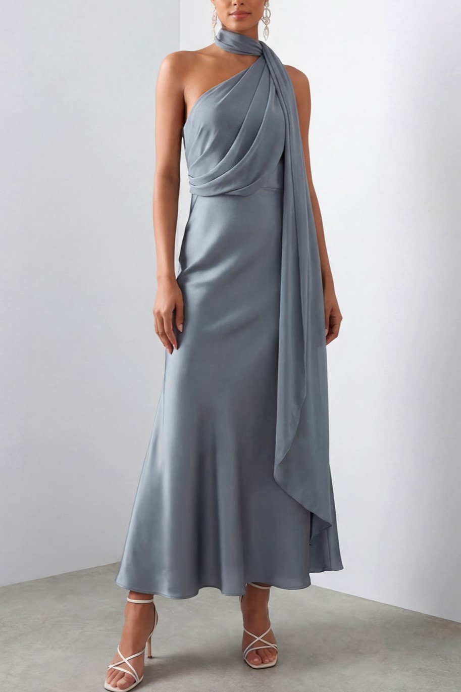 Dusty Blue Formal Evening Dress A-Line Halter Satin Maxi Dress