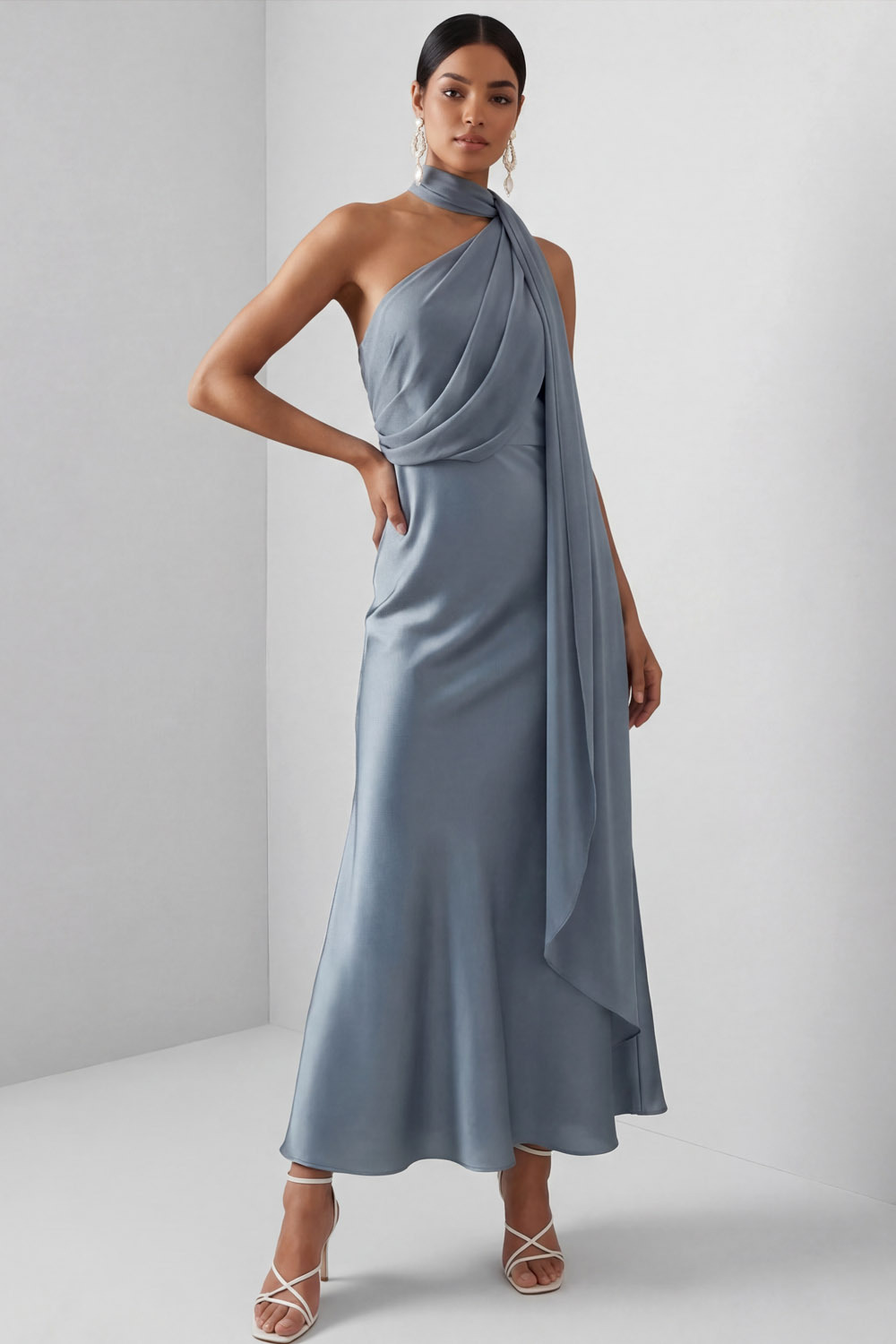 Dusty Blue Formal Evening Dress A-Line Halter Satin Maxi Dress