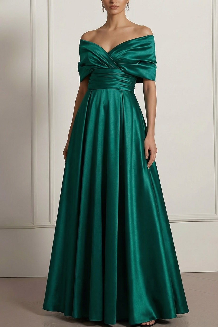 Emerald Green Formal Evening Dress A-Line Off the Shoulder Satin Maxi Dress