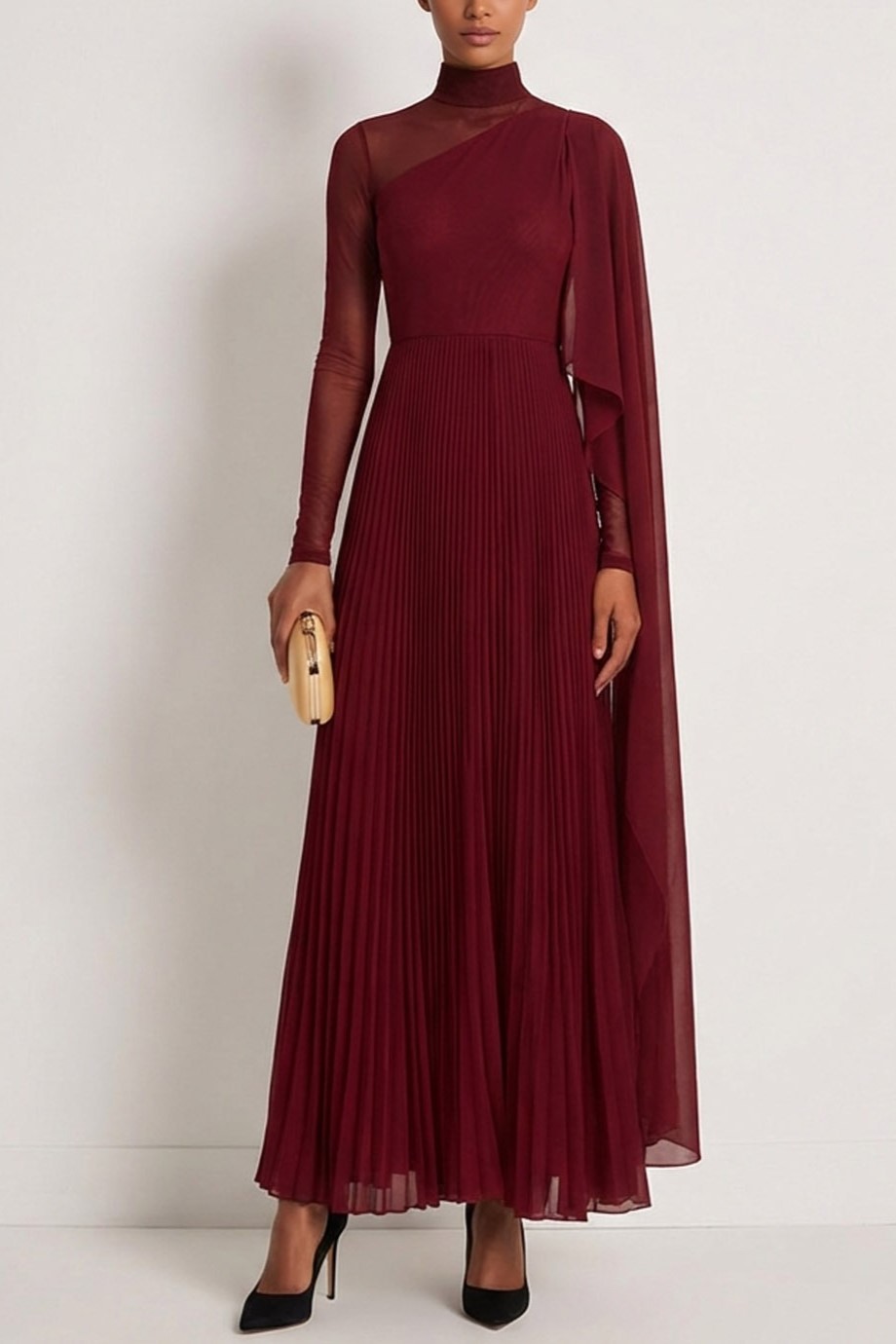 Burgundy Formal Dress A-Line High Neck Pleated Chiffon Maxi Dress with Cape