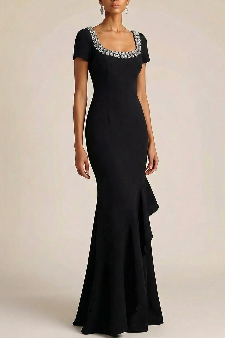Black Formal Evening Dress Mermaid Square Neck Maxi Dress with Ruffle