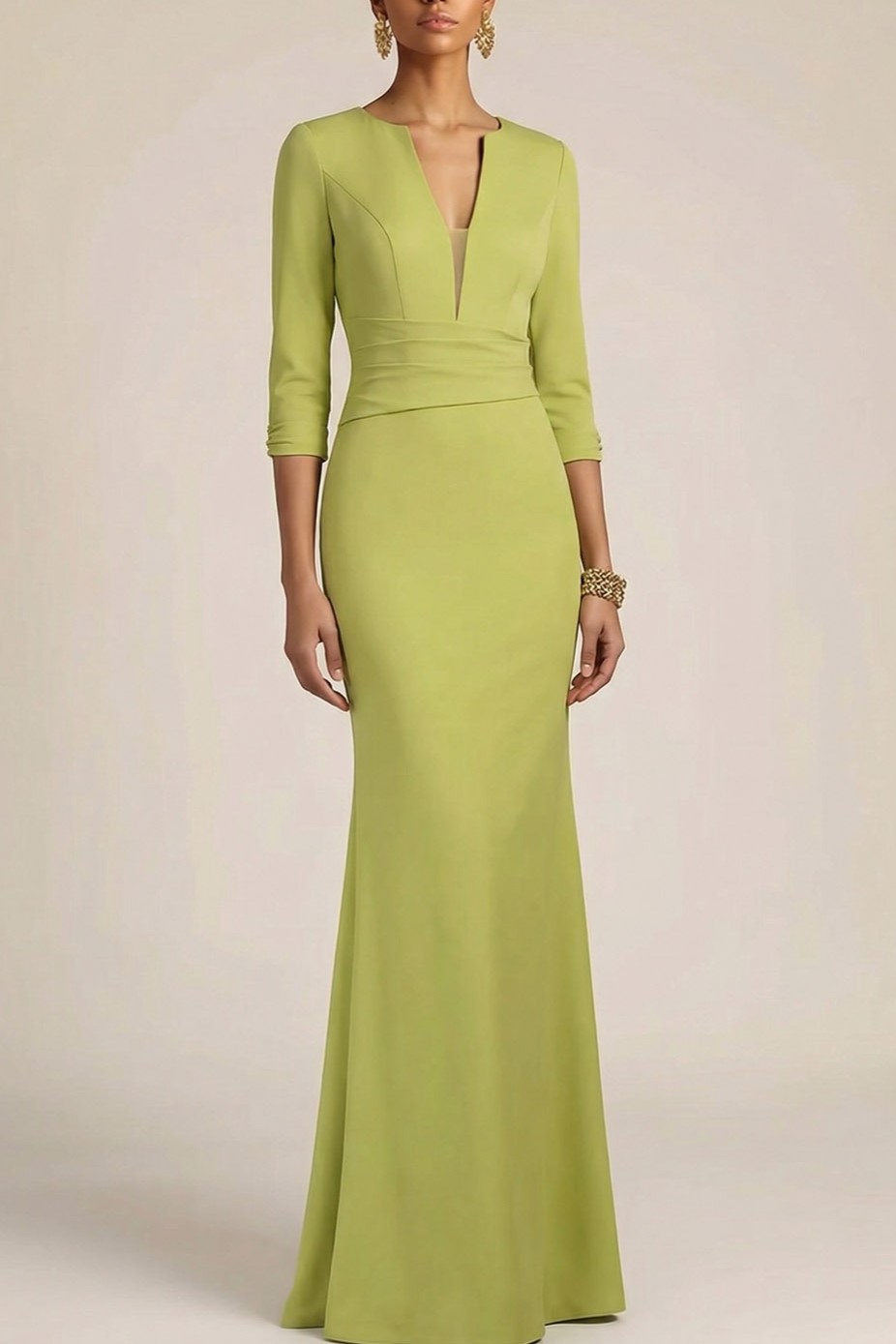 Mustard Green Wedding Guest Dress Mermaid V-Neck Maxi Dress