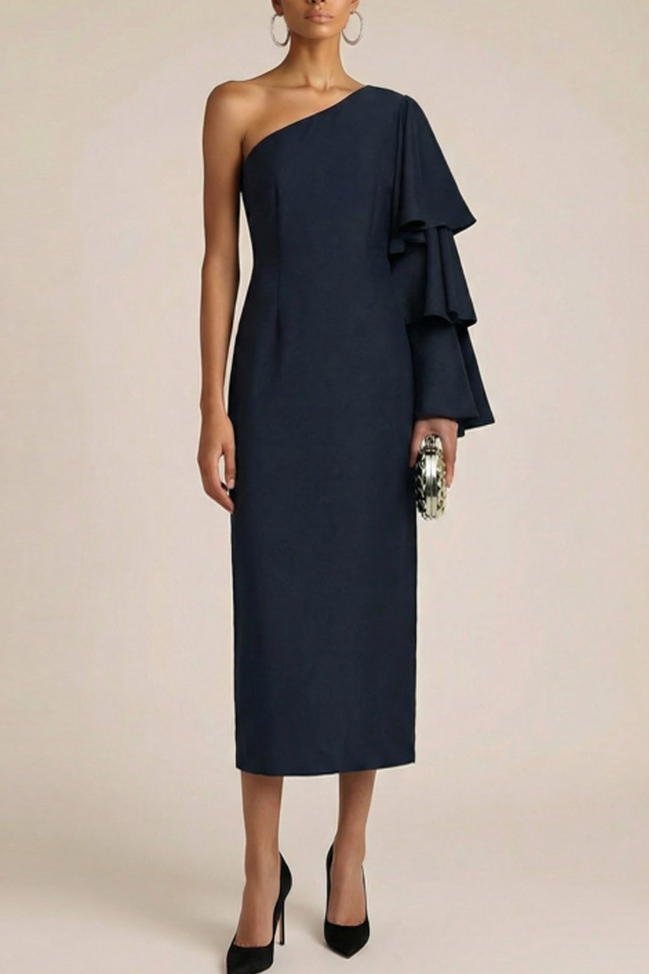 Navy Formal Evening Dress One Shoulder Ruffle Sleeve Chiffon Midi Dress