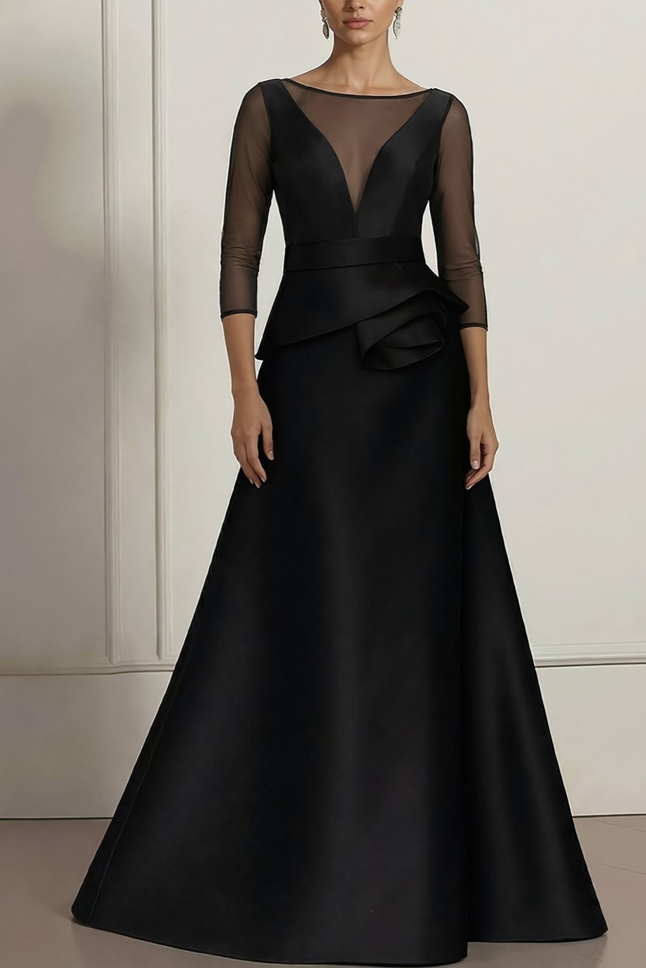 Black Formal Evening Dress A-Line Illusion Neck Ruffle Satin Maxi Dress