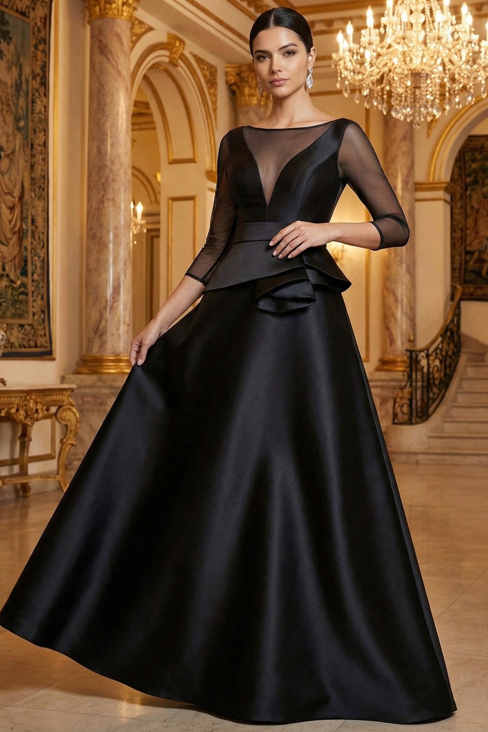 Black Formal Evening Dress A-Line Illusion Neck Ruffle Satin Maxi Dress