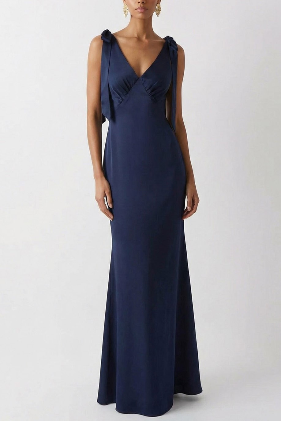 Navy Formal Dress Mermaid V-Neck Chiffon Maxi Dress with Bowknot