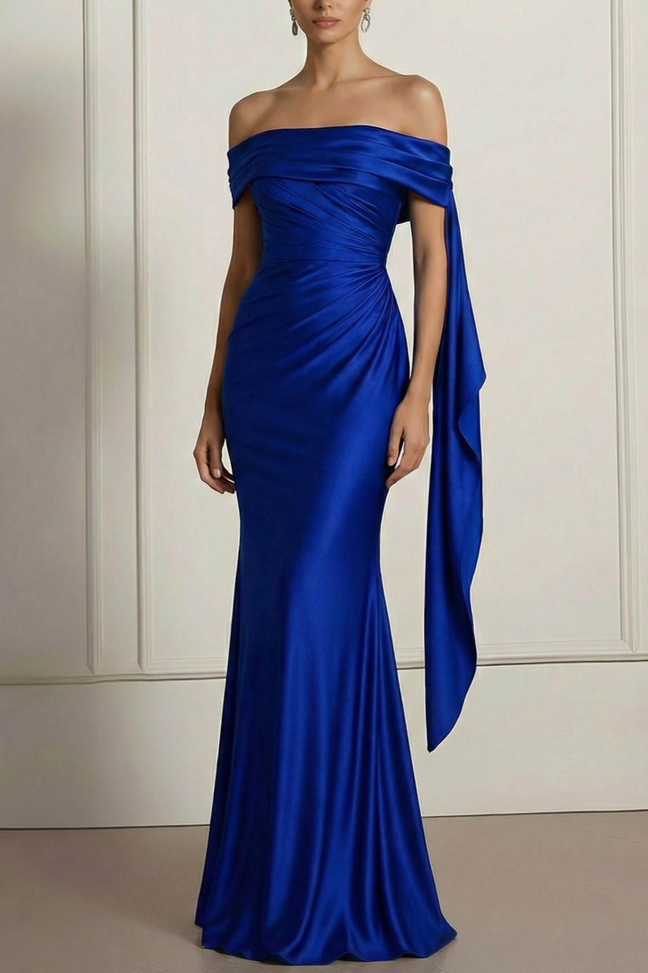 Royal Blue Formal Evening Dress Mermaid Off the Shoulder Cape Satin Maxi Dress