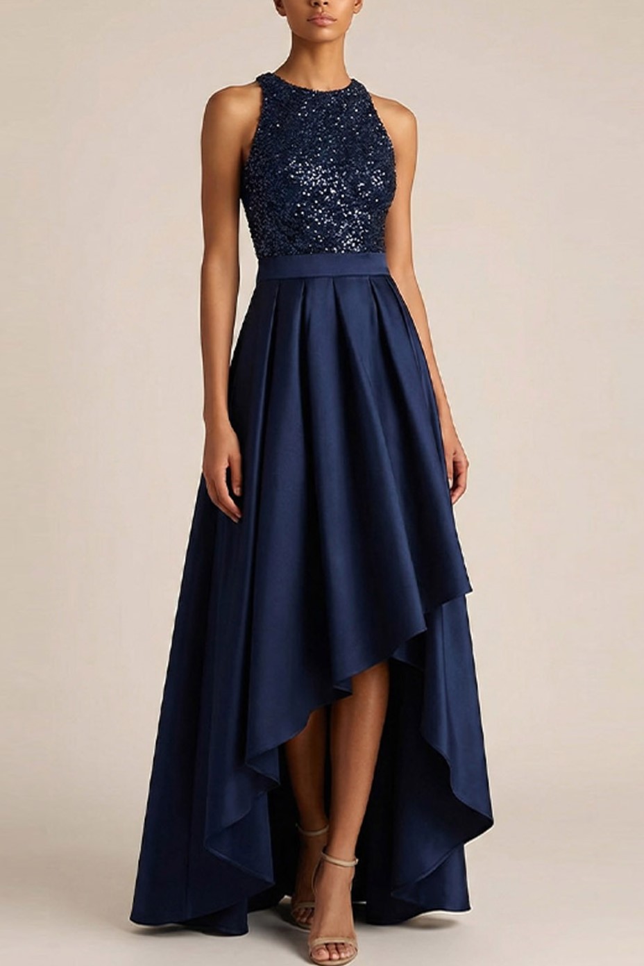 Navy Formal Party Dress Round Neck Sleeveless Sequin High-Low Dress