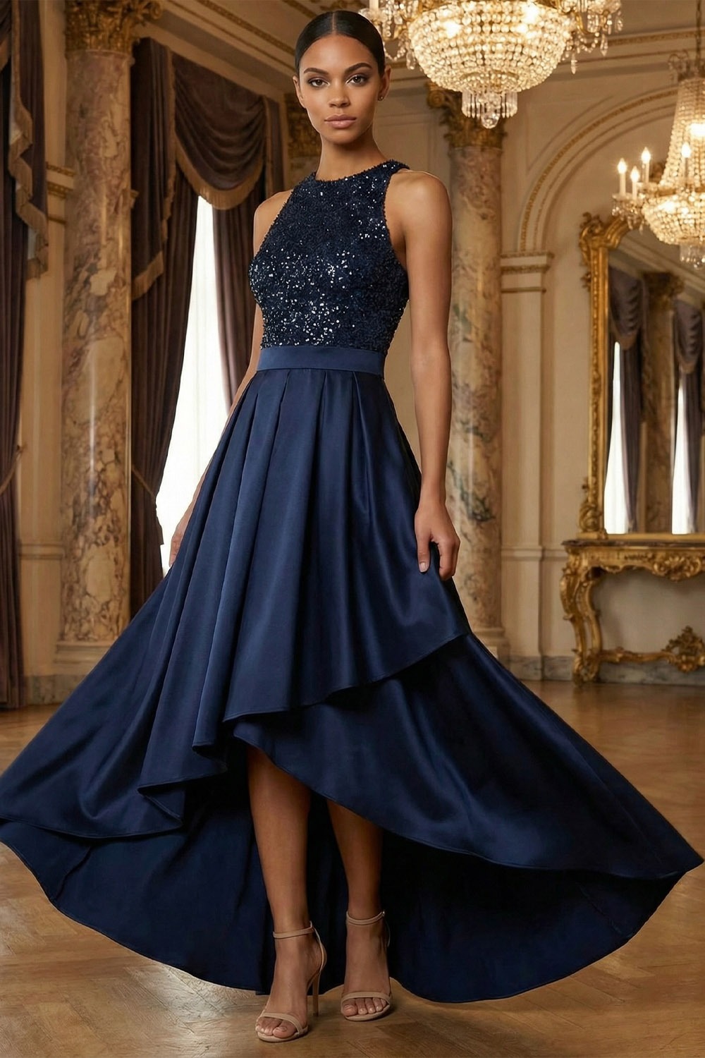Navy Formal Party Dress Round Neck Sleeveless Sequin High-Low Dress