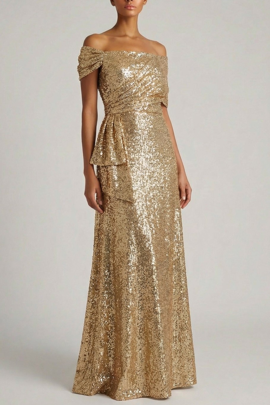 Champagne Formal Party Dress A-Line Off the Shoulder Sequin Maxi Dress