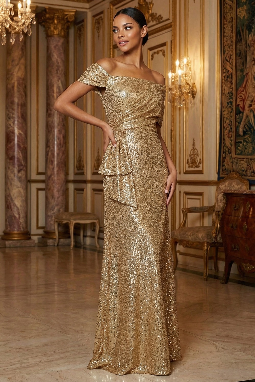 Champagne Formal Party Dress A-Line Off the Shoulder Sequin Maxi Dress