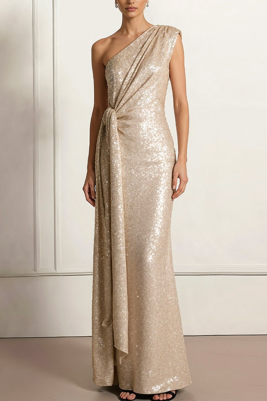 Champagne Formal Party Dress One Shoulder Waist Cape Sequin Maxi Dress