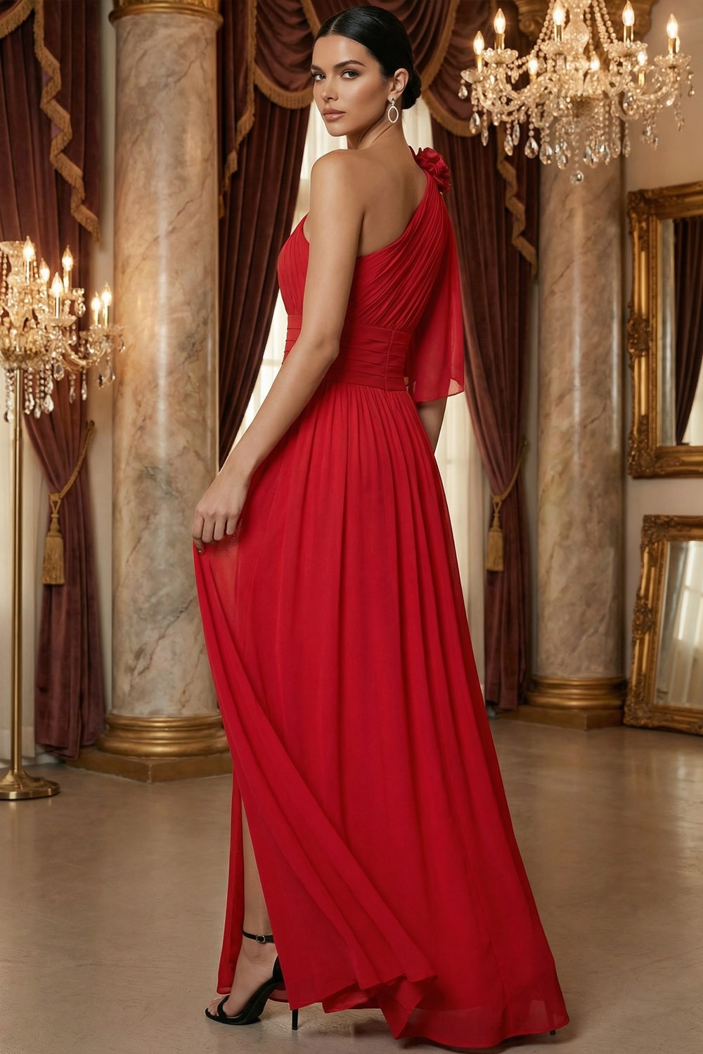 Red Formal Dress A-Line One Shoulder Ruffle Chiffon Maxi Dress with Slit
