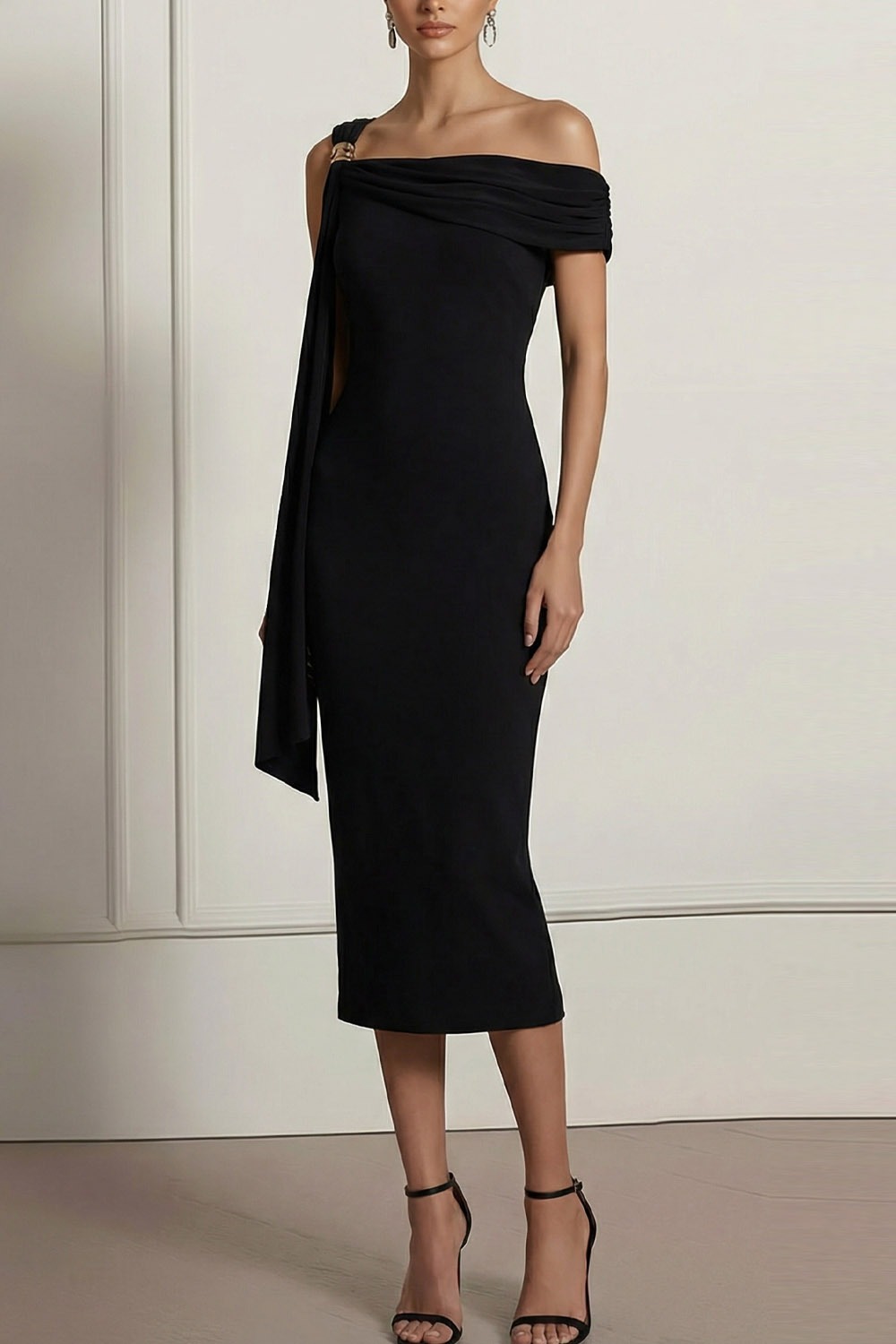 Black Formal Evening Dress Bodycon Off the Shoulder Midi Dress with Cape