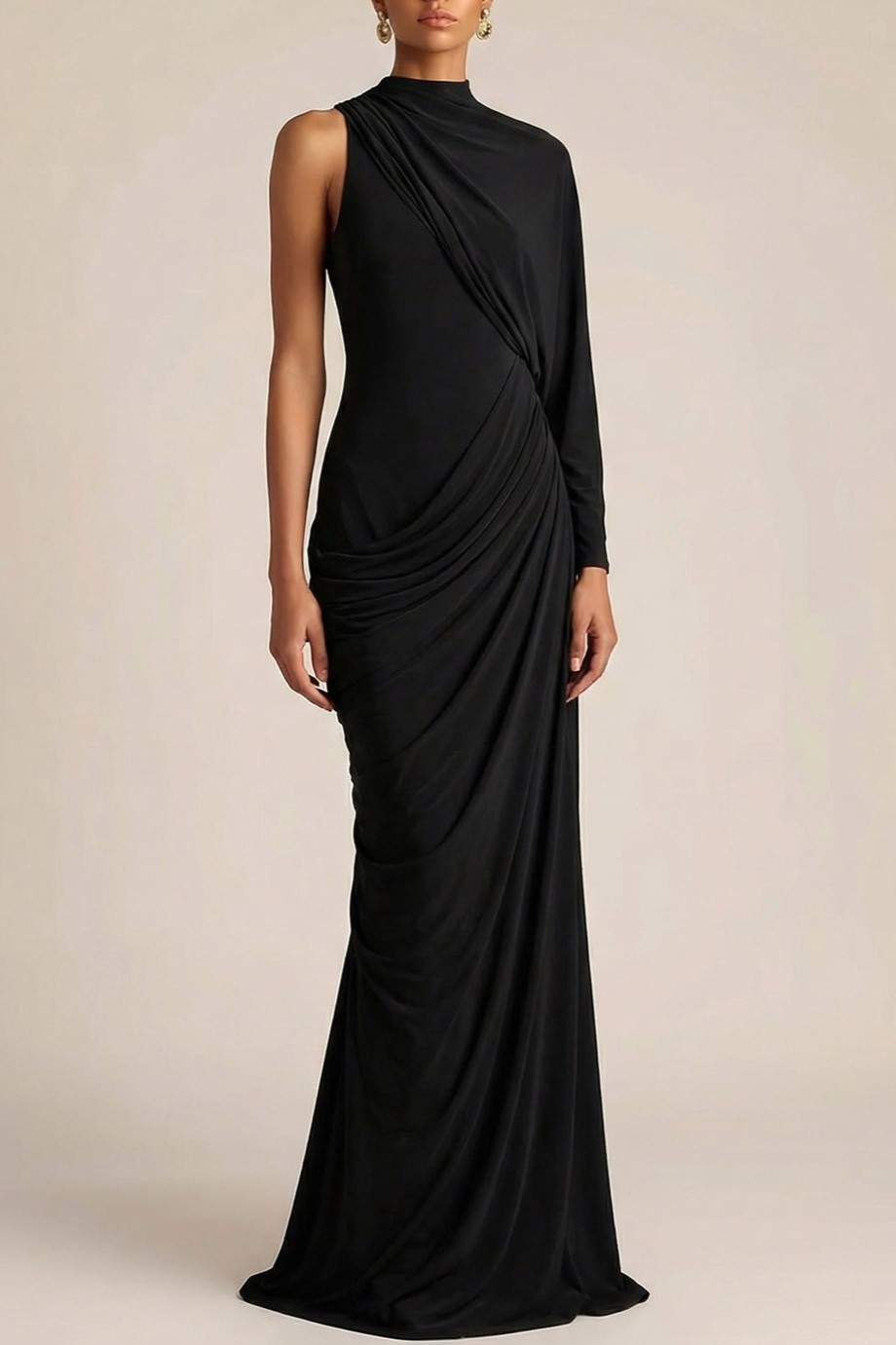Black Formal Evening Dress High Neck Ruched Chiffon Maxi Dress