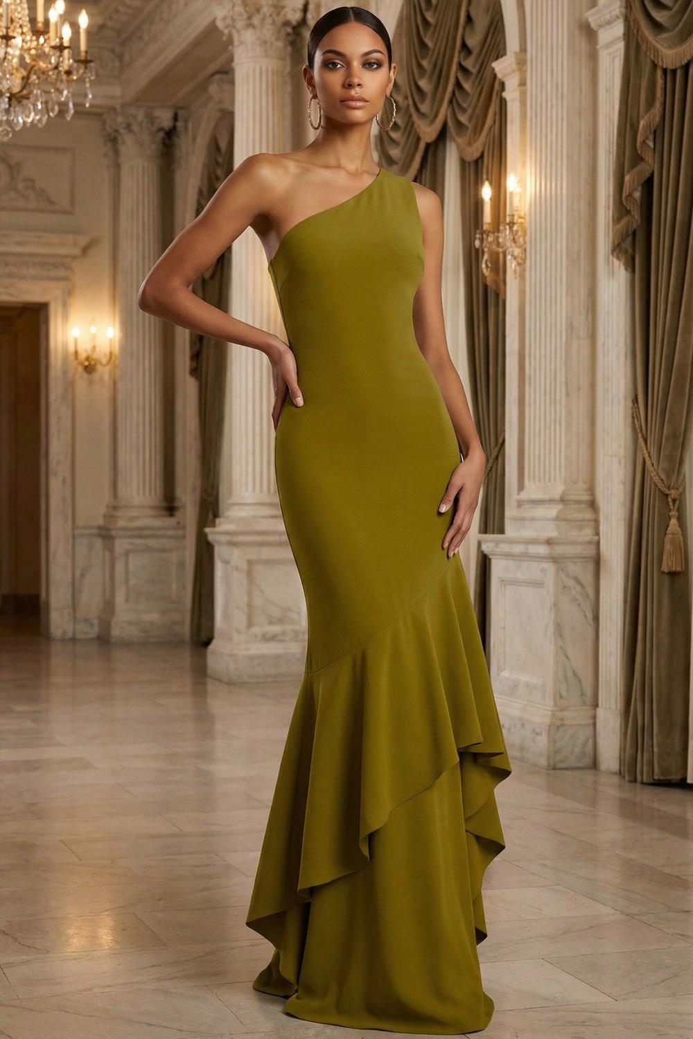 Olive Formal Dress Mermaid One Shoulder Maxi Dress with Ruffle