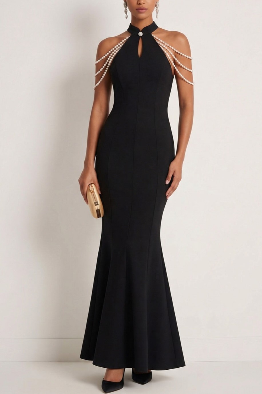 Black Formal Evening Dress Mermaid Halter Maxi Dress with Beading