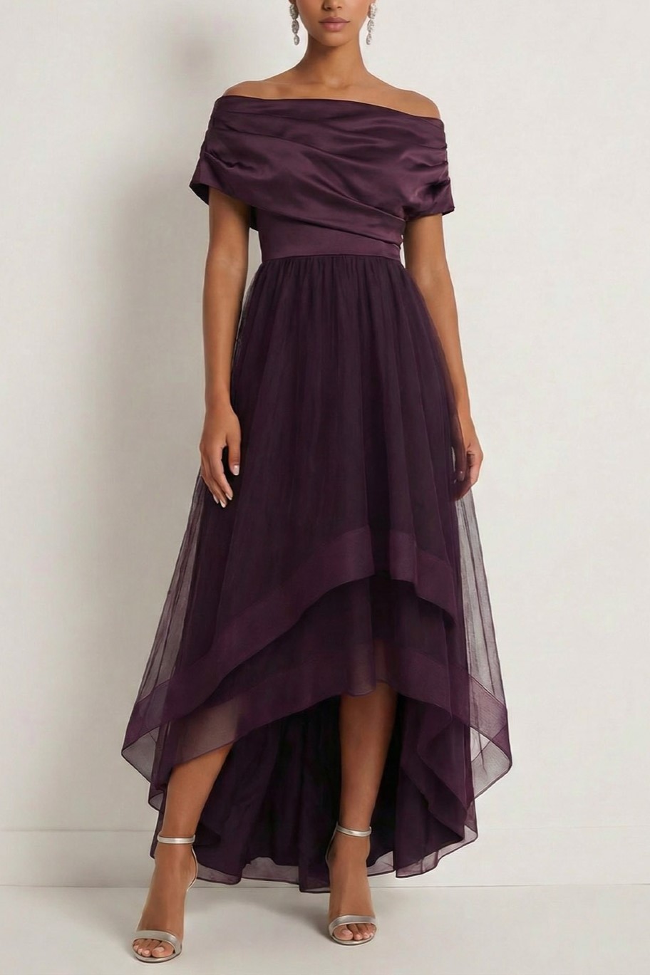 Dark Purple Formal Dress A-Line Off the Shoulder Tulle High-Low Dress