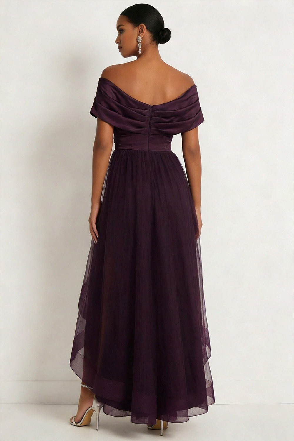 Dark Purple Formal Dress A-Line Off the Shoulder Tulle High-Low Dress