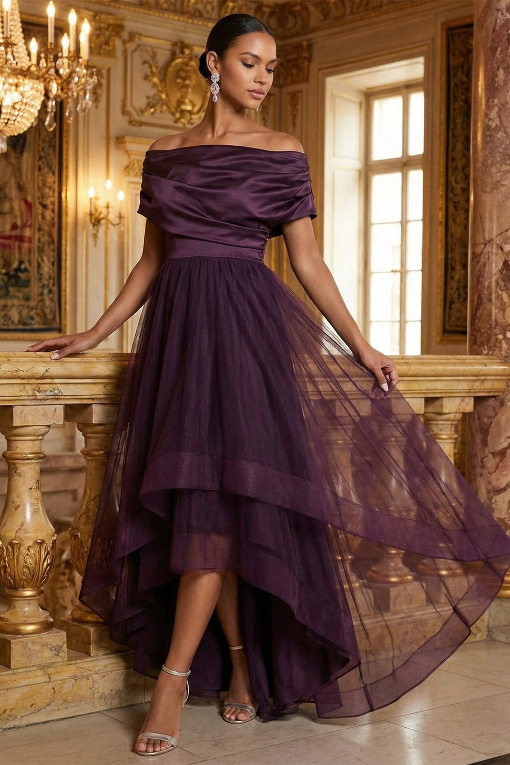 Dark Purple Formal Dress A-Line Off the Shoulder Tulle High-Low Dress