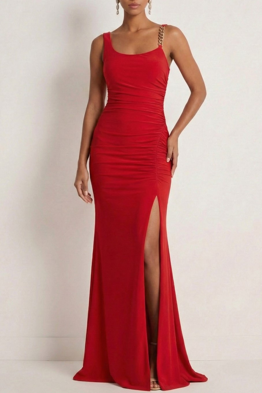 Red Formal Evening Dress Mermaid Spaghetti Straps Chiffon Maxi Dress with Slit