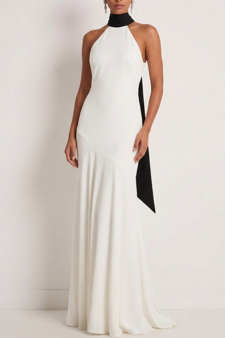 White Formal Evening Dress Mermaid Halter Chiffon Maxi Dress with Scarf