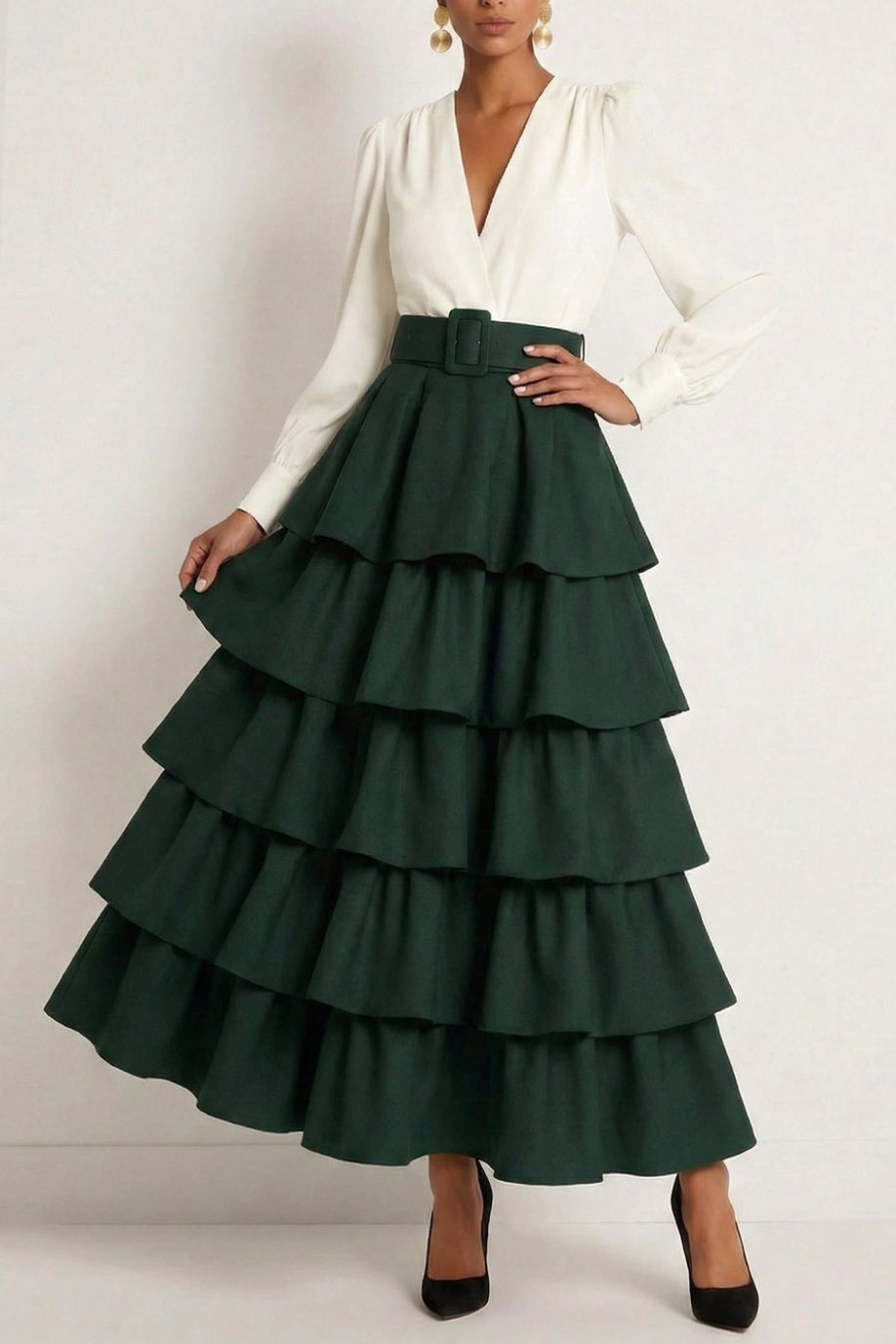 Dark Green Formal Evening Dress A-Line V-Neck Tiered Maxi Dress