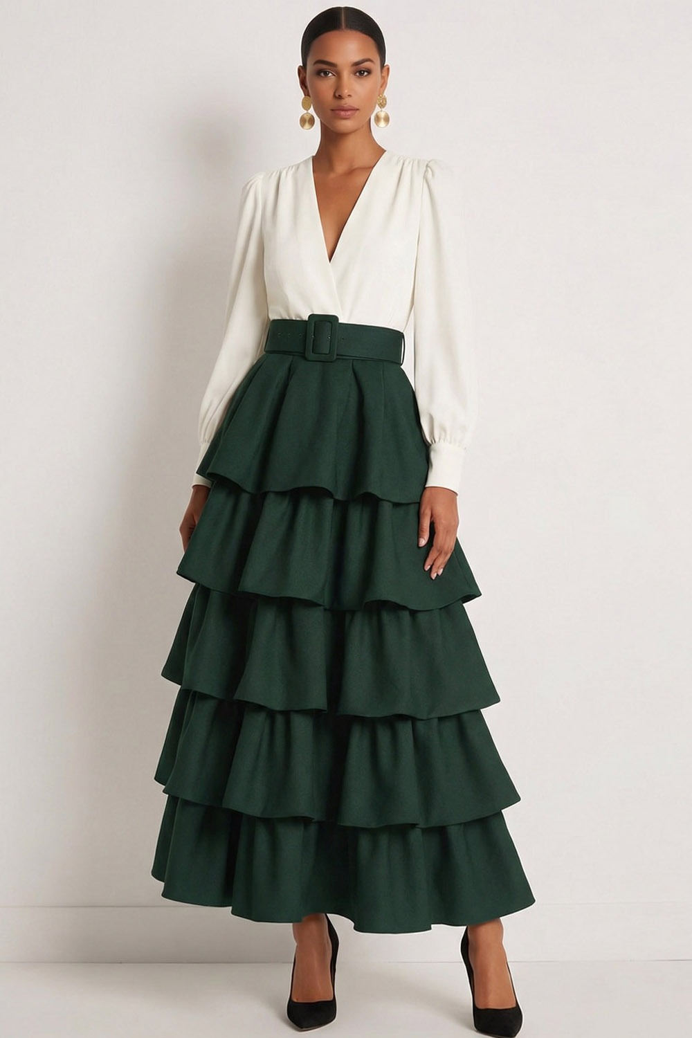 Dark Green Formal Evening Dress A-Line V-Neck Tiered Maxi Dress