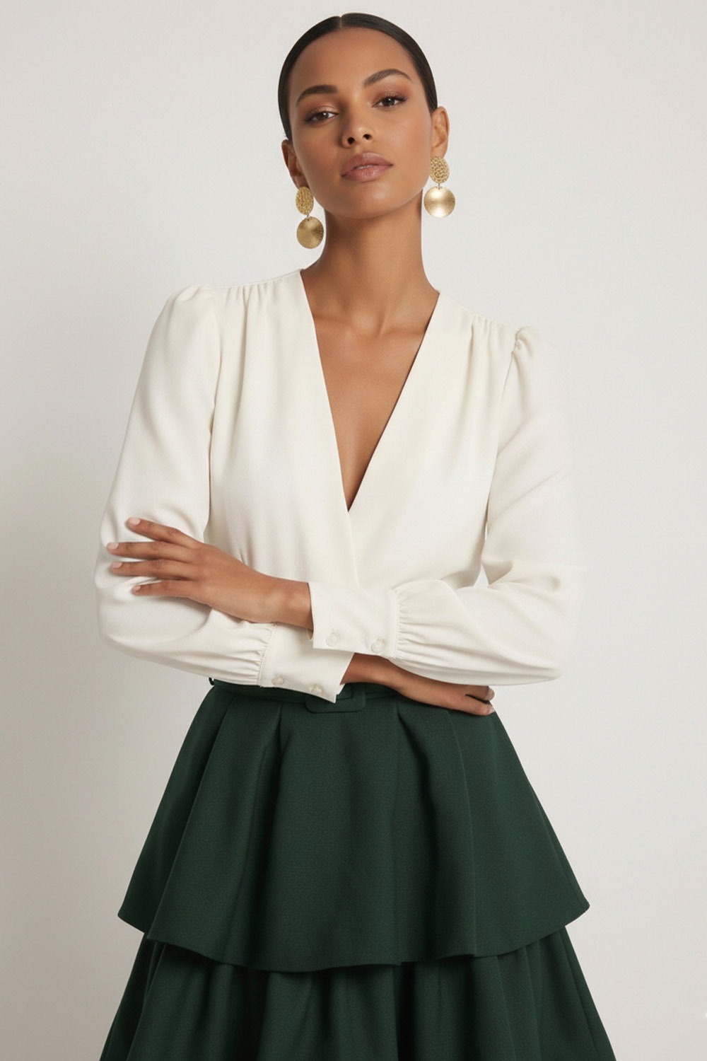 Dark Green Formal Evening Dress A-Line V-Neck Tiered Maxi Dress