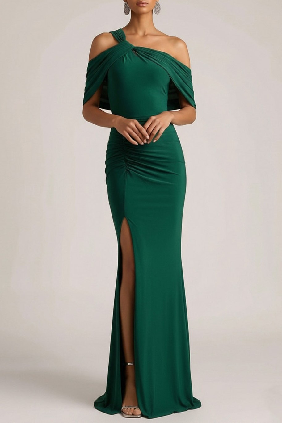 Dark Green Formal Dress One Shoulder Ruched Maxi Dress with Slit