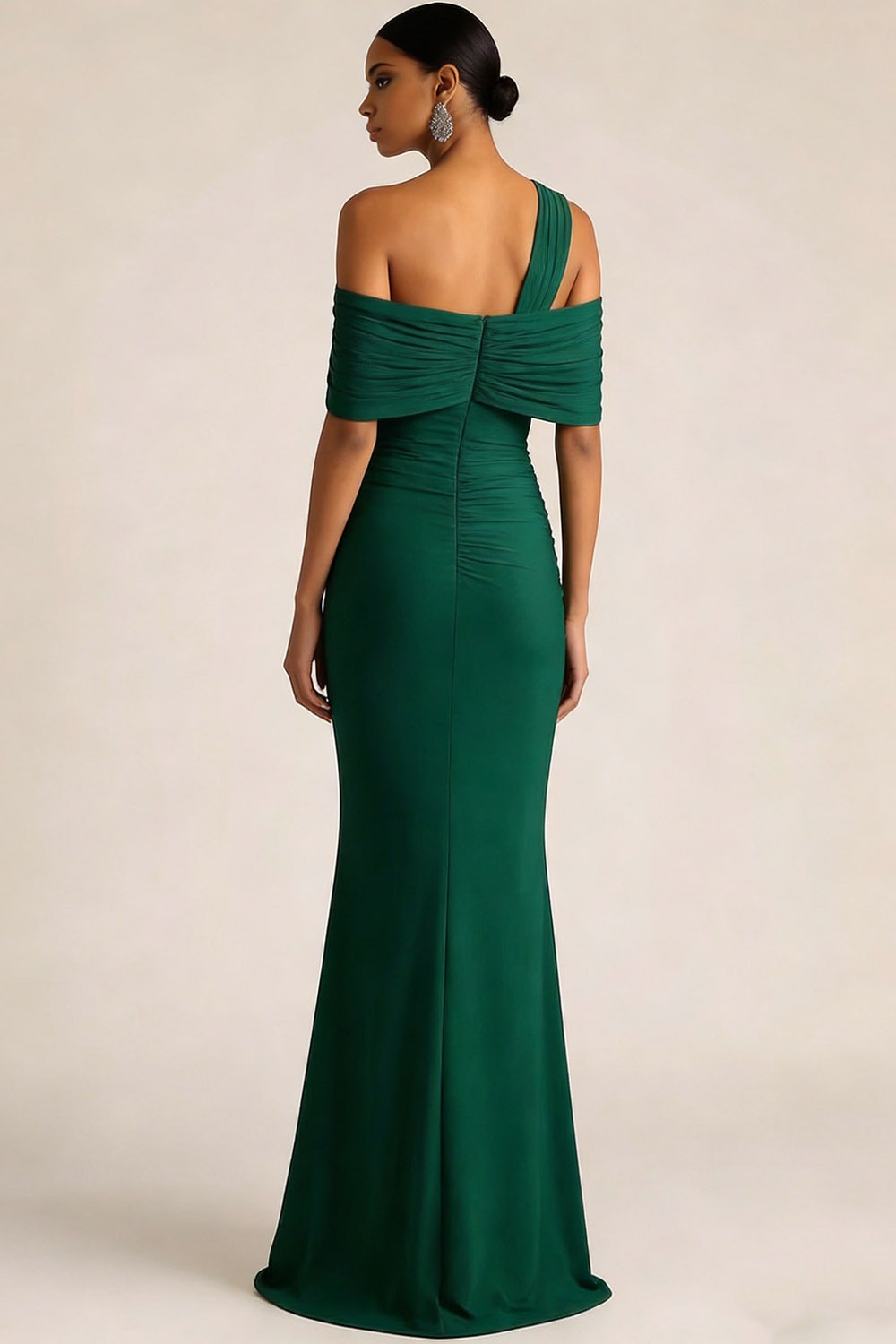 Dark Green Formal Dress One Shoulder Ruched Maxi Dress with Slit