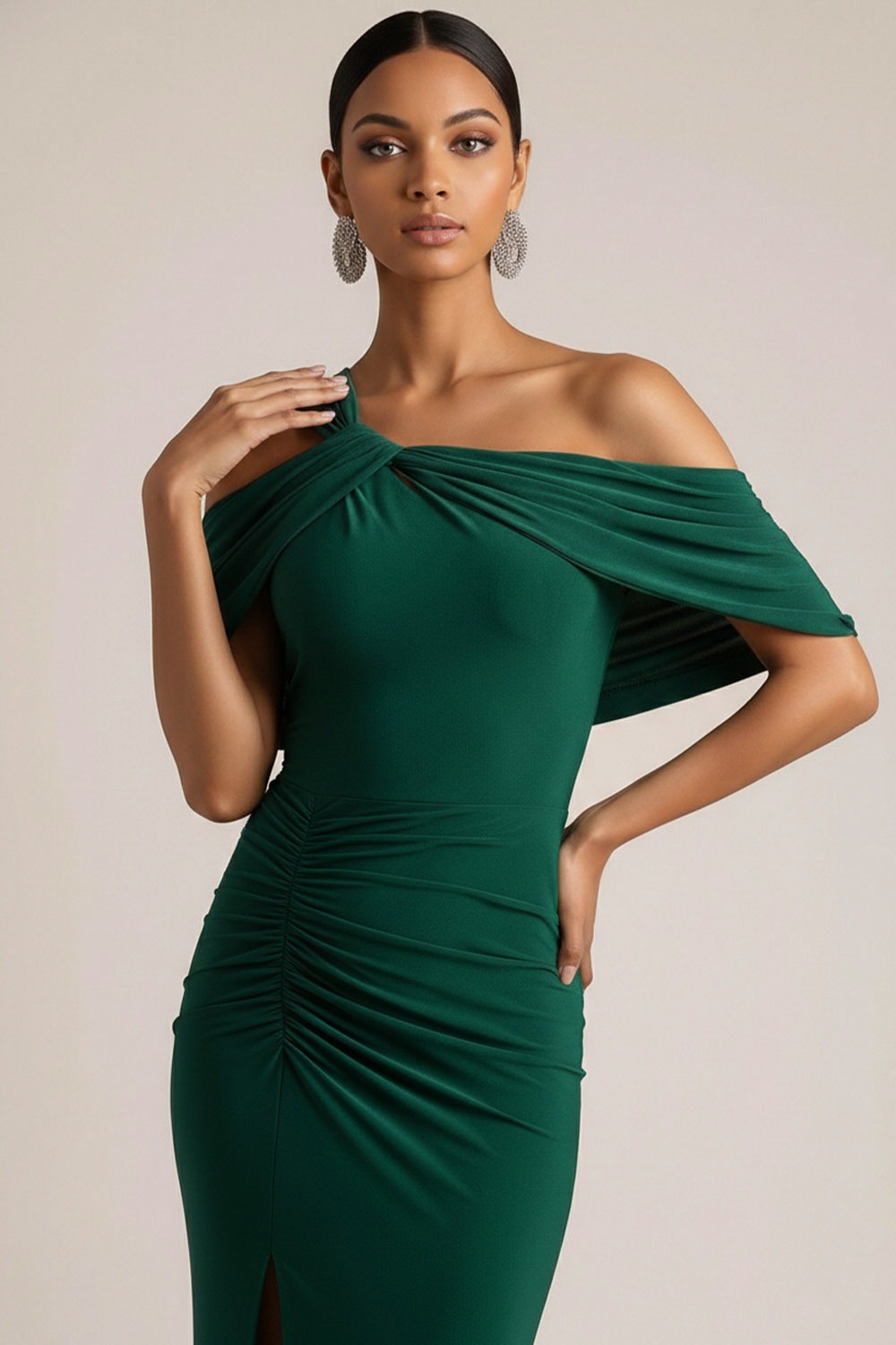 Dark Green Formal Dress One Shoulder Ruched Maxi Dress with Slit