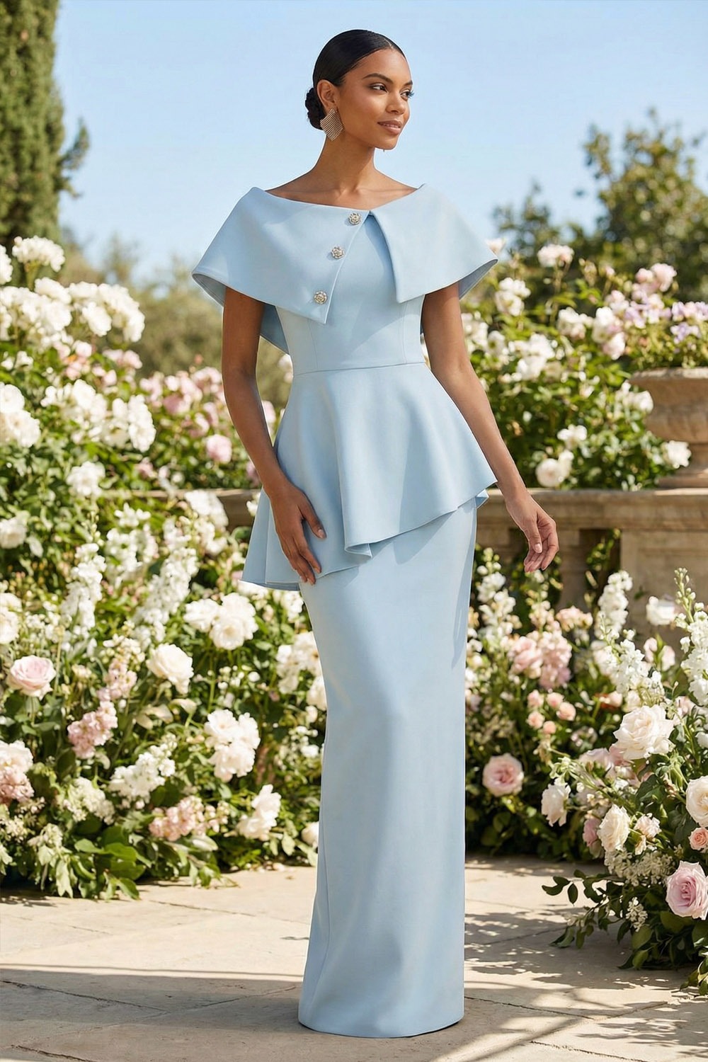 Sky Blue Formal Evening Dress Sheath Crew Neck Ruffle Maxi Dress