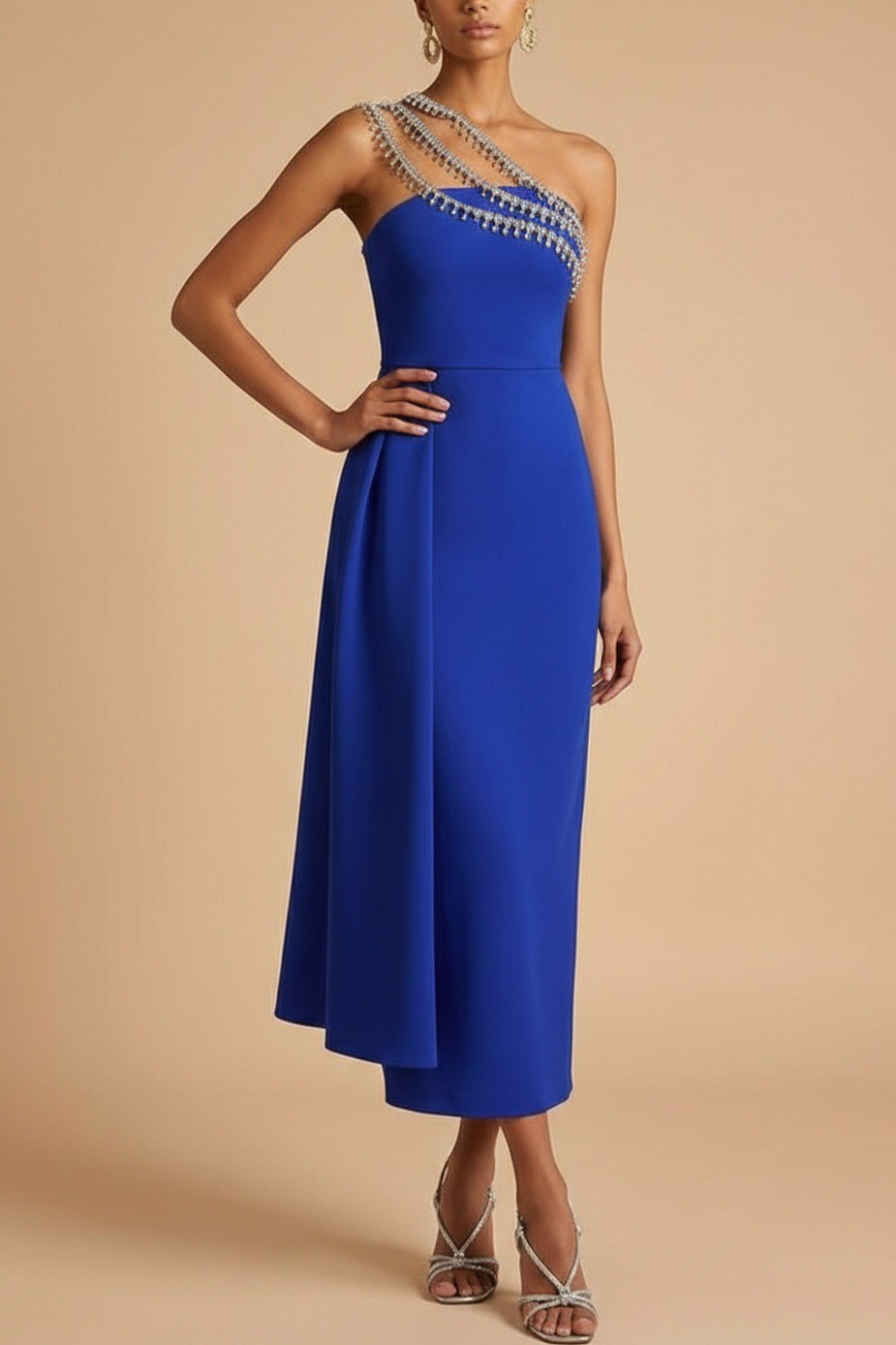 Royal Blue Formal Evening Dress Sheath One Shoulder Cape Maxi Dress
