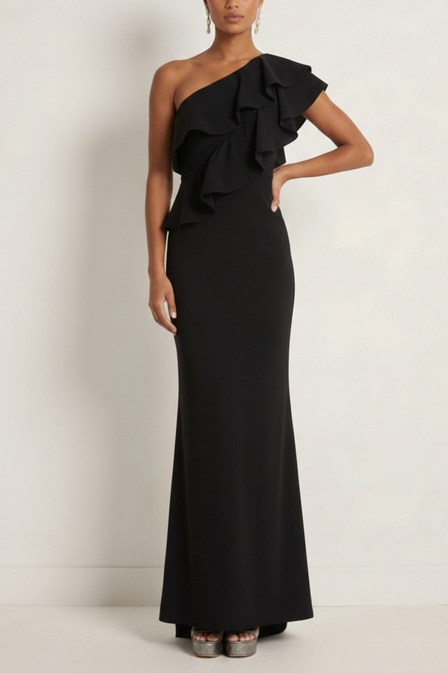 Black Formal Evening Dress One Shoulder Chiffon Ruffled Maxi Dress