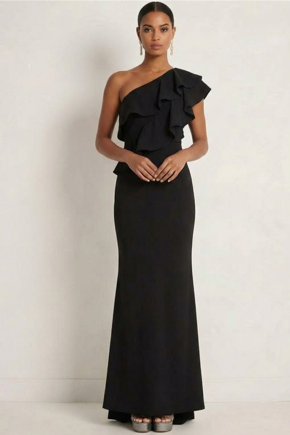 Black Formal Evening Dress One Shoulder Chiffon Ruffled Maxi Dress
