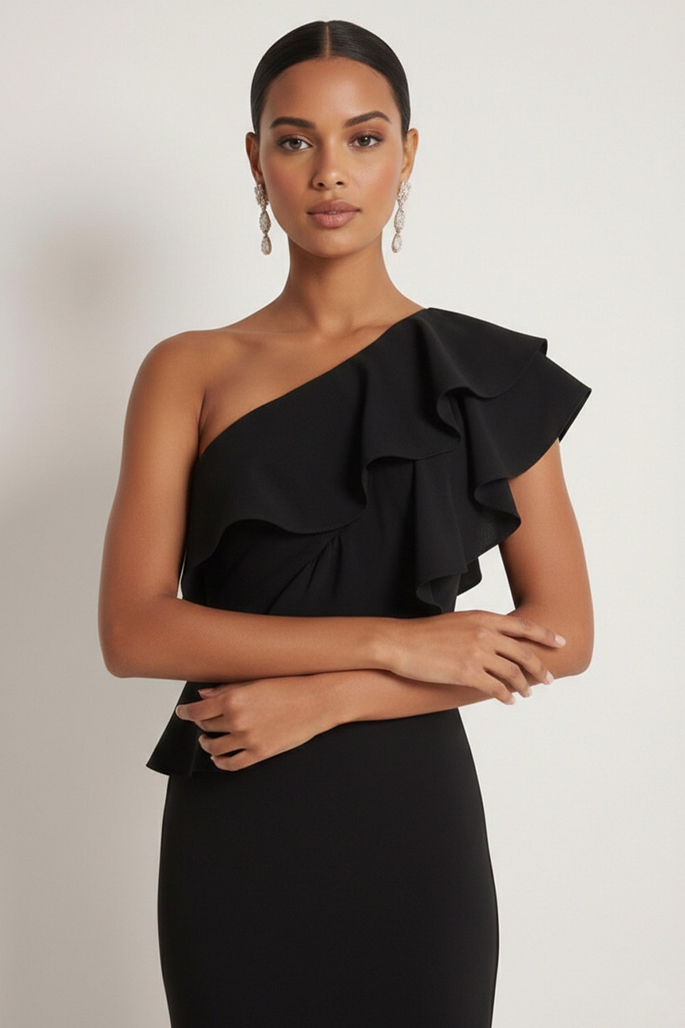 Black Formal Evening Dress One Shoulder Chiffon Ruffled Maxi Dress