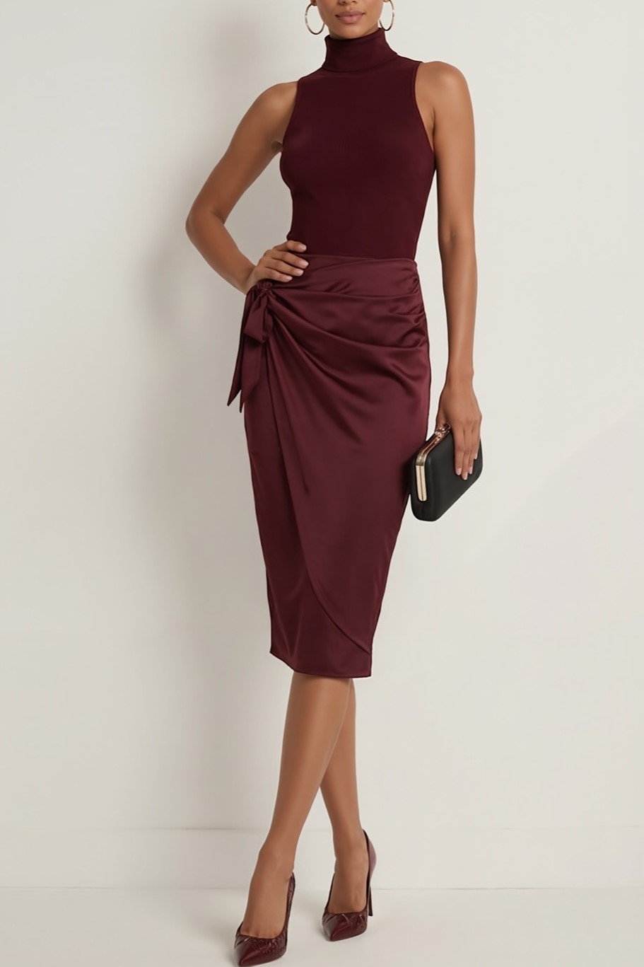 Burgundy Formal Dress Bodycon High Neck Sleeveless Satin Midi Dress