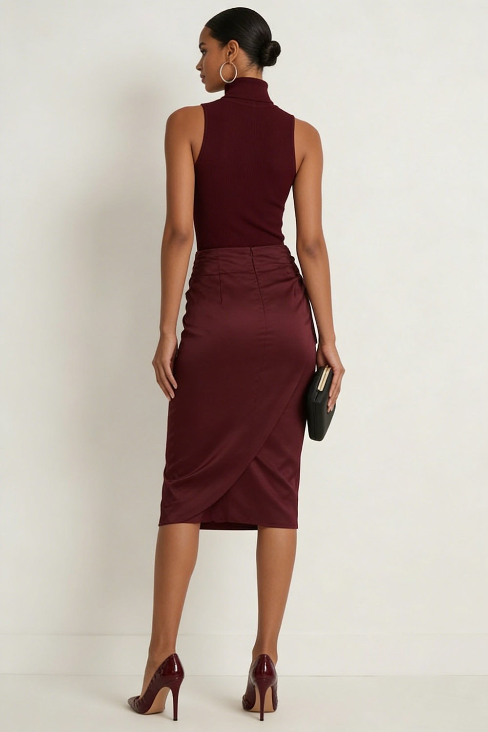 Burgundy Formal Dress Bodycon High Neck Sleeveless Satin Midi Dress