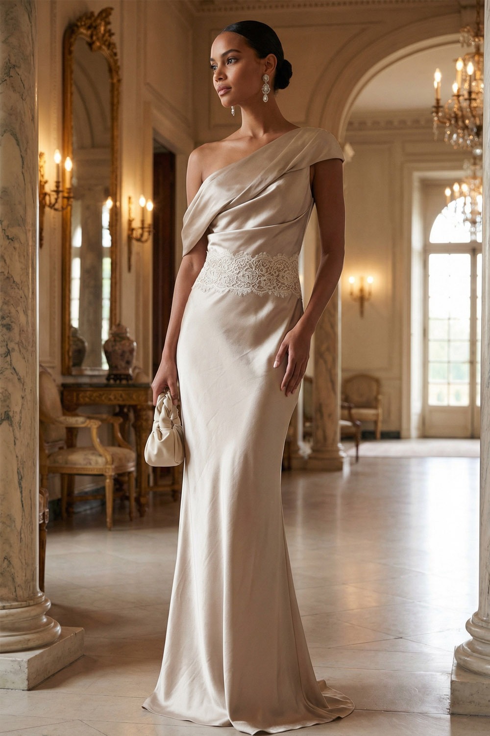 Ivory Formal Evening Dress Asymmetrical Neck Satin Maxi Dress with Lace