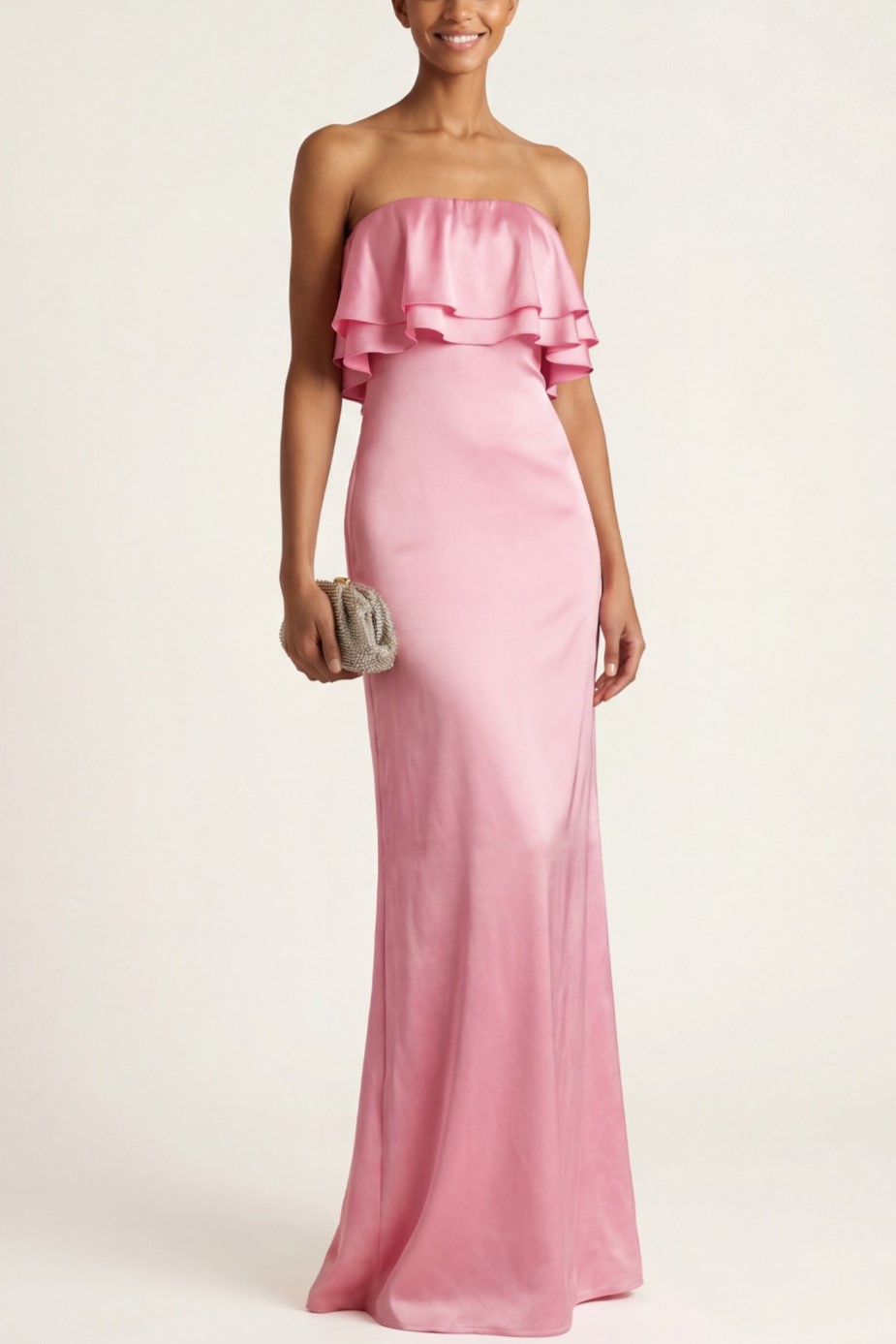 Pink Formal ​Wedding Bridesmaid Dress Strapless Ruffled Satin Maxi Dress
