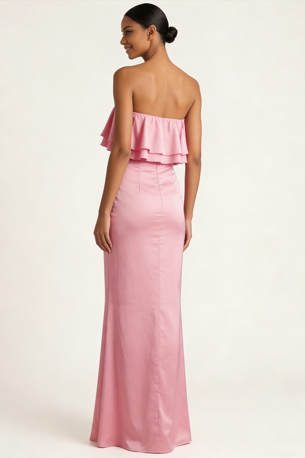 Pink Formal ​Wedding Bridesmaid Dress Strapless Ruffled Satin Maxi Dress