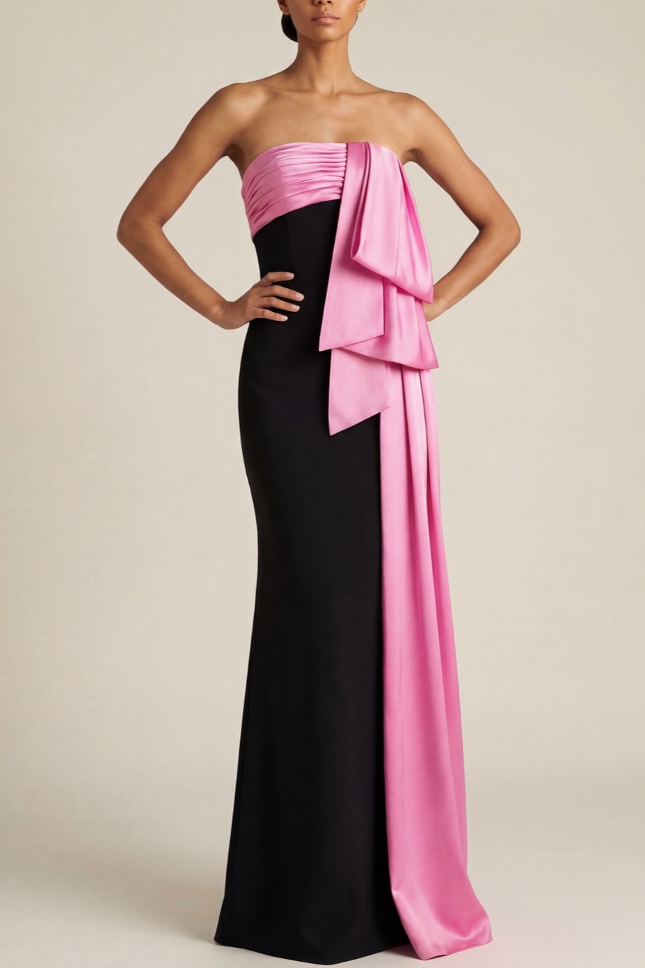 Pink Formal Evening Dress Strapless Satin Bow Maxi Dress