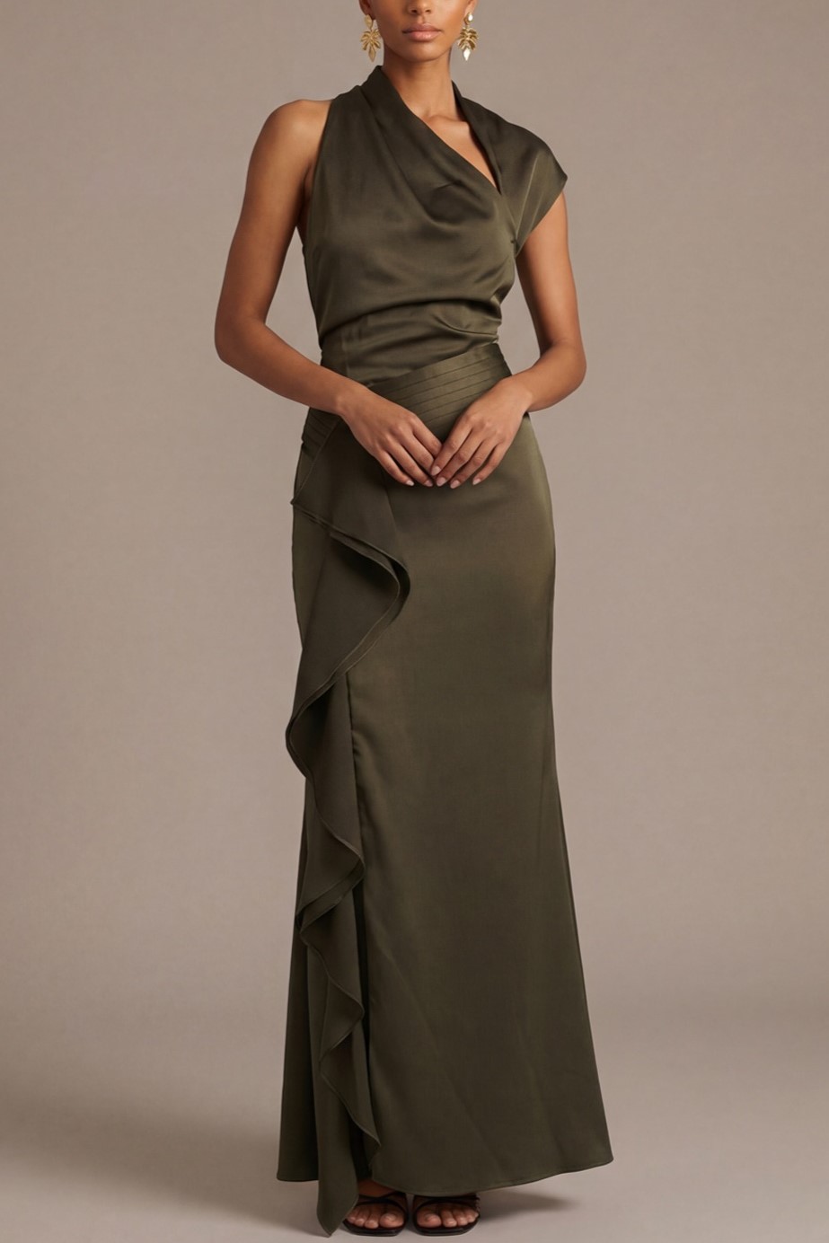 Army Green Formal Evening Dress Asymmetrical Neck Ruffle Maxi Dress
